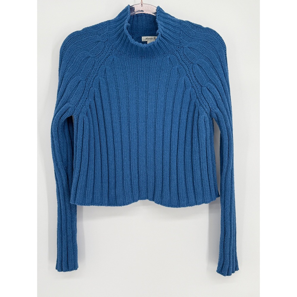 American Eagle Blue Ribbed Mock Neck Sweater Womens Long Sleeve Crop Sz S